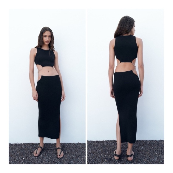 ZARA Women's Large Black Ribbed Knit Cutout Rhinestone Hip Belt Slit Midi Skirt - Picture 1 of 13
